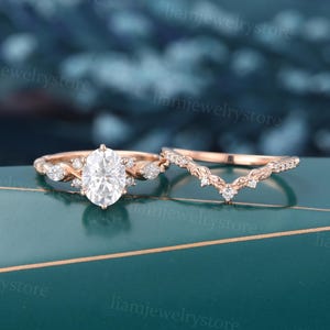 Vintage Oval cut Moissanite engagement ring set Rose gold Marquise cut 3/4 twisted ring Diamond cluster ring Bridal wedding ring set gift