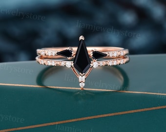Vintage Kite cut Black onyx engagement ring set Unique Rose gold Moissanite ring Dainty Diamond Open band Bridal promise anniversary ring