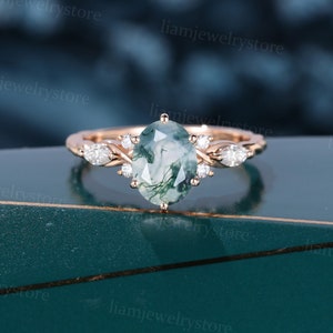 Moss agate engagement ring Unique rose gold Oval cut engagement ring Marquise cut Lab grown diamond ring Twisted Antique Bridal promise ring