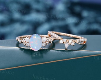 Unique Oval Opal engagement ring set Rose gold engagement ring Pear shaped diamond ring Art deco Curved Ring Wedding anniversary ring set