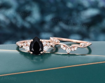 Pear shaped Black onyx engagement ring set Unique Diamond Rose gold ring Moissanite Curved ring Bridal Art deco promise anniversary ring set