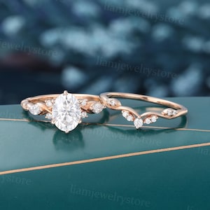 Unique oval cut Moissanite engagement ring set vintage Rose gold Marquise cut Diamond cluster ring 3/4 twisted ring Bridal wedding ring set