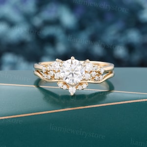 Vintage Moissanite engagement ring set Unique yellow gold engagement ring Round cut Diamond cluster ring Bridal wedding ring promise ring