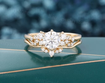 Vintage Moissanite engagement ring set Unique yellow gold engagement ring Round cut Diamond cluster ring Bridal wedding ring promise ring