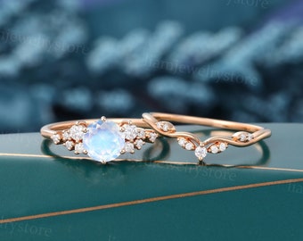 Vintage Moonstone engagement ring set Unique Rose gold Moissanite ring Round cut Diamond cluster ring Bridal wedding ring set promise ring