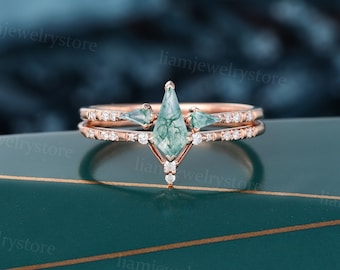 Kite cut Green Moss Agate engagement ring set Unique 14k Rose gold Moissanite ring Dainty Diamond Open band Bridal promise anniversary ring