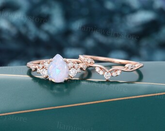 Vintage Pear shaped Opal engagement ring set Unique Rose gold engagement ring round cut diamond cluster ring Bridal wedding promise ring