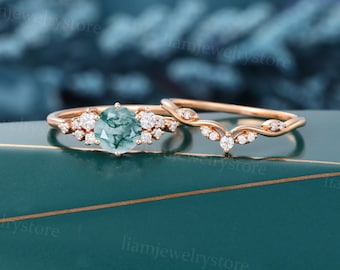 Green Moss agate engagement ring set Unique Rose gold Moissanite ring Round cut Diamond cluster ring Bridal wedding ring set promise ring