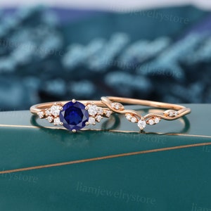 Vintage Sapphire engagement ring set Unique Rose gold engagement ring Round cut Diamond cluster ring Bridal wedding ring set promise ring