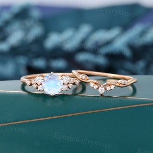 Vintage Moonstone engagement ring set Unique Rose gold Moissanite ring Round cut Diamond cluster ring Bridal wedding ring set promise ring