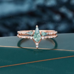 Kite cut Green Moss Agate engagement ring set Unique 14k Rose gold Moissanite ring Dainty Diamond Open band Bridal promise anniversary ring