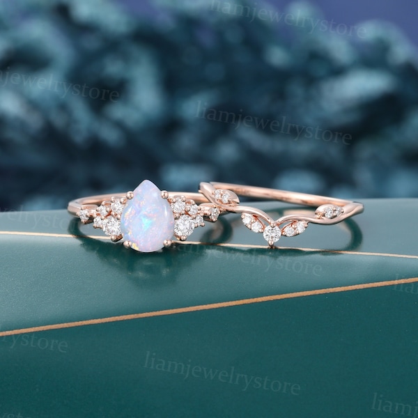 Vintage Pear shaped Opal engagement ring set Unique Rose gold engagement ring round cut diamond cluster ring Bridal wedding promise ring