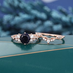 Blue sandstone Engagement Ring set Rose Gold Ring Unique Curved Ring Blue Gemstone Ring Nature Inspired ring Wedding Anniversary ring set