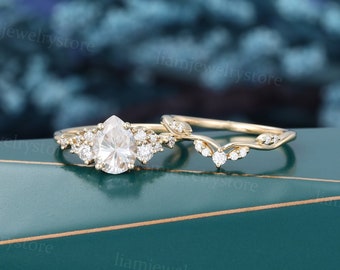 Anillo de compromiso Moissanite en forma de pera conjunto Vintage único anillo de racimo de diamantes de oro amarillo Art deco boda promesa nupcial anillo de aniversario