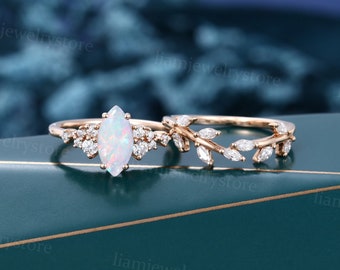 Marquise cut Opal engagement ring set Unique Rose gold ring Round cut diamond cluster ring Art deco Curved ring promise anniversary ring set