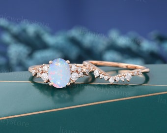 Unique Oval Opal engagement ring set Rose gold engagement ring Round cut diamond cluster ring Art deco Curved Ring Wedding anniversary ring