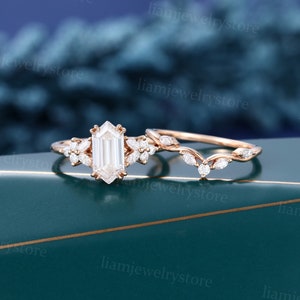 Unique Elongated Hexagon cut Moissanite engagement ring set Rose gold ring Marquise cut diamond ring Antique promise anniversary ring set
