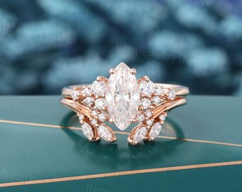 Moissanite Verlobungsring Marquise Schnitt Einzigartige Rose Gold Ring Vintage Offener Diamantring Braut Art-Deco Versprechen Jahrestag Ringset