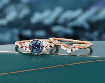 Alexandrite engagement ring set Unique Rose gold engagement ring round cut diamond ring cluster ring Bridal wedding ring set promise ring