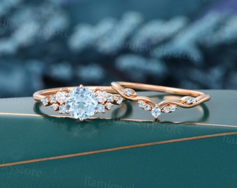 Vintage Aquamarine engagement ring set Unique Rose gold engagement ring round cut diamond cluster ring Bridal wedding ring set promise ring