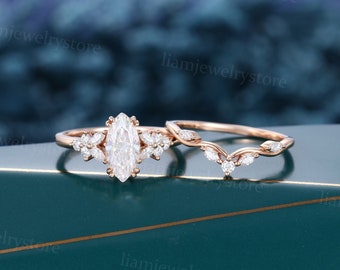 Marquise cut Moissanite engagement ring set Unique rose gold ring Marquise cut diamond curved ring Art deco Antique anniversary ring