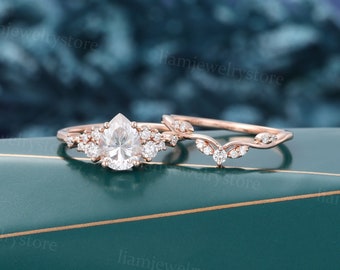 Pear shaped Moissanite engagement ring set Vintage Unique Rose gold diamond cluster ring Art deco Wedding Bridal promise anniversary ring