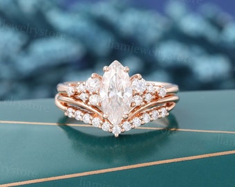 Marquise cut Moissanite engagement ring set Unique Rose gold ring curved Bridal ring set Art deco ring Wedding promise anniversary ring set