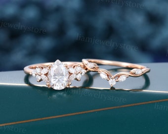 Vintage Pear shaped Moissanite engagement ring set Rose gold engagement ring Marquise cut diamond ring Art deco promise anniversary ring