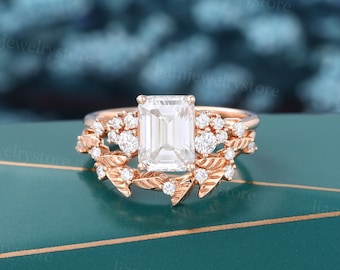 Emerald cut Moissanite engagement ring set Unique Rose gold ring diamond cluster ring Curved ring Art deco wedding promise anniversary ring