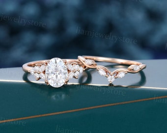 Oval cut Moissanite engagement ring set Unique rose gold engagement ring Marquise cut diamond ring Art deco Antique promise anniversary ring