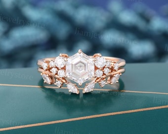 Vintage Hexagon cut Moissanite engagement ring set Unique Rose gold engagement ring Bridal set Art deco Wedding promise anniversary ring set