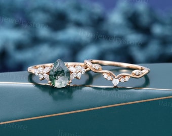 Pear shaped Moss agate engagement ring set Rose gold ring Diamond cluster ring Unique Moissanite curved ring Wedding anniversary ring set