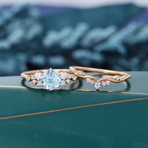 Vintage Aquamarine engagement ring set Unique Rose gold engagement ring round cut diamond cluster ring Bridal wedding ring set promise ring