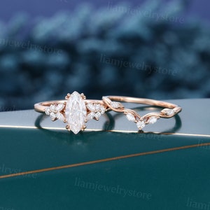 Marquise cut Moissanite engagement ring set Unique rose gold ring Marquise cut diamond curved ring Art deco Antique anniversary ring