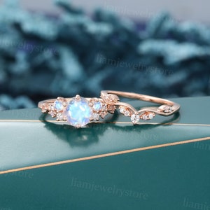 Vintage Moonstone engagement ring set Unique Rose gold Moissanite ring Diamond cluster ring Bridal Art deco ring Promise anniversary ring