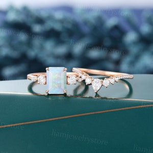 Emerald cut Natural Opal engagement ring set Unique rose gold pear cut Diamond ring matching band Art deco promise band anniversary ring