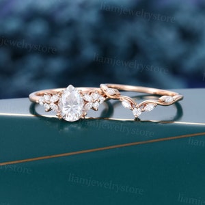 Vintage Pear shaped Moissanite engagement ring set Rose gold engagement ring Marquise cut diamond ring Art deco promise anniversary ring