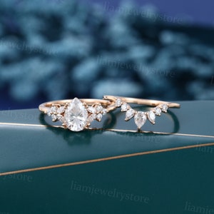 Unique Pear shaped Moissanite engagement ring set Rose gold engagement ring Marquise cut diamond ring Curved ring promise anniversary ring