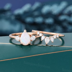 Pear shaped Opal engagement ring set Unique Rose gold Three stone ring Bridal ring set Lab grown Diamond wedding ring set promise ring gift