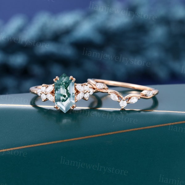 Vintage Elongated hexagon cut Moss agate engagement ring set Unique Rose gold ring Marquise cut diamond ring Bridal Promise anniversary ring