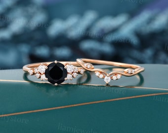Black onyx engagement ring set Unique Rose gold engagement ring Black gemstone ring cluster ring Bridal wedding ring set promise ring
