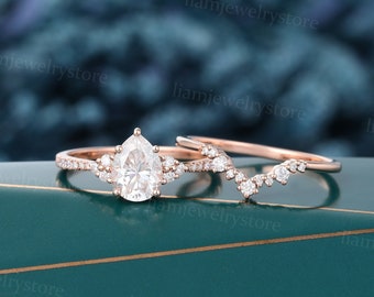 Pear shaped Moissanite engagement ring set Unique Rose gold engagement ring Round cut Diamond Curve band Bridal wedding ring promise ring