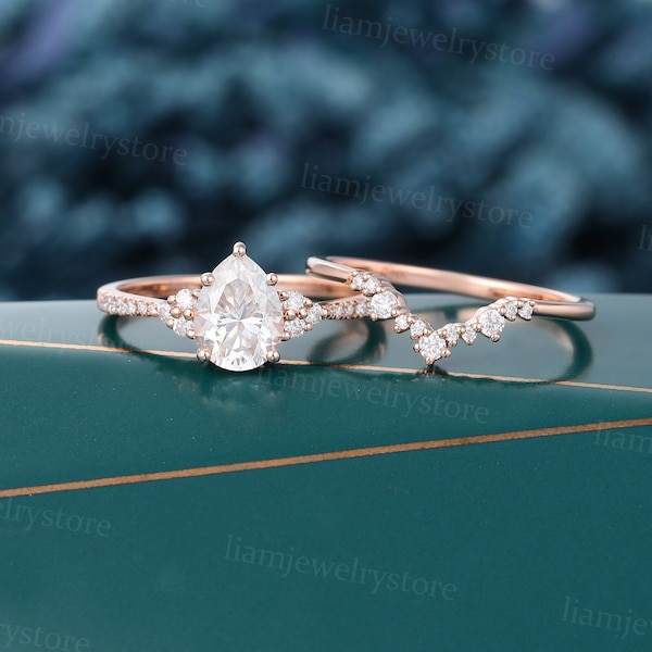 Pear shaped Moissanite engagement ring set Unique Rose gold engagement ring Round cut Diamond Curve band Bridal wedding ring promise ring