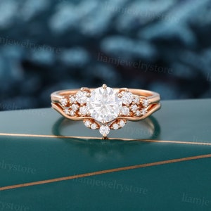 Vintage Moissanite engagement ring set Unique Rose gold engagement ring Round cut Diamond cluster ring Bridal wedding ring set promise ring image 2