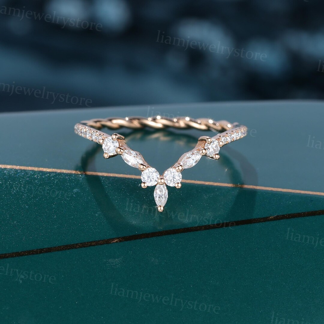 Marquise Cut Curved Wedding Band Vintage Rose Gold Bridal Band Unique ...