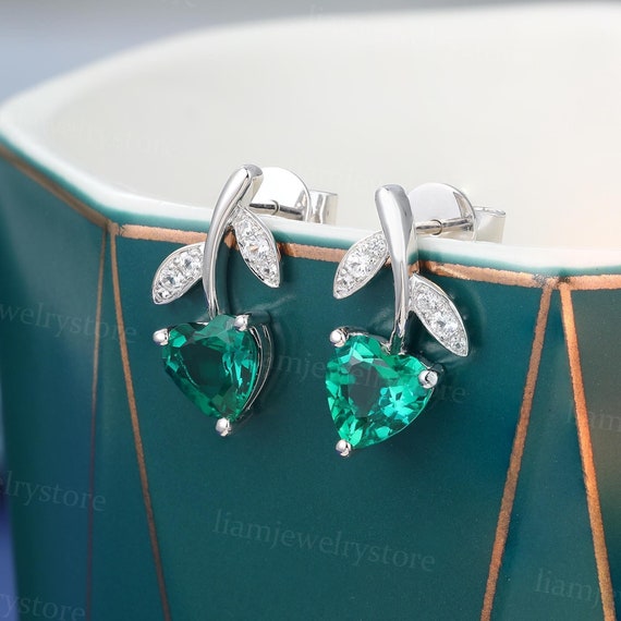 Heart Cut Emerald Earrings Unique Lab Grown Diamond Earrings