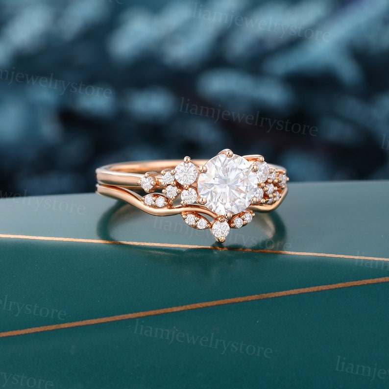 Vintage Moissanite engagement ring set Unique Rose gold engagement ring Round cut Diamond cluster ring Bridal wedding ring set promise ring image 4