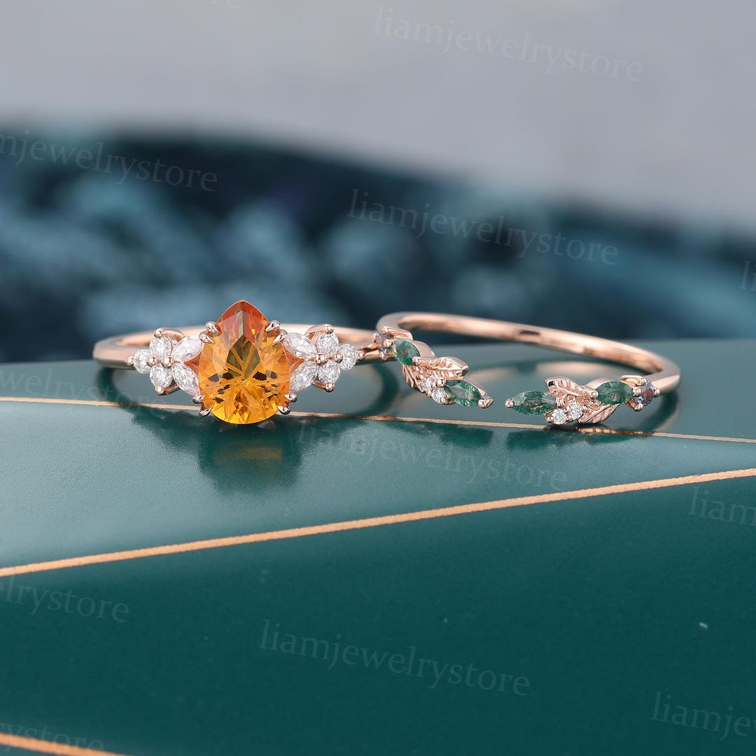 Firework Cut Citrine Engagement Ring Set Vintage Unique Rose Gold ...