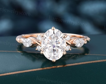 Oval Moissanite engagement ring 3/4 Eternity Twisted ring Unique rose gold proposal ring Marquise cut diamond ring Antique anniversary ring