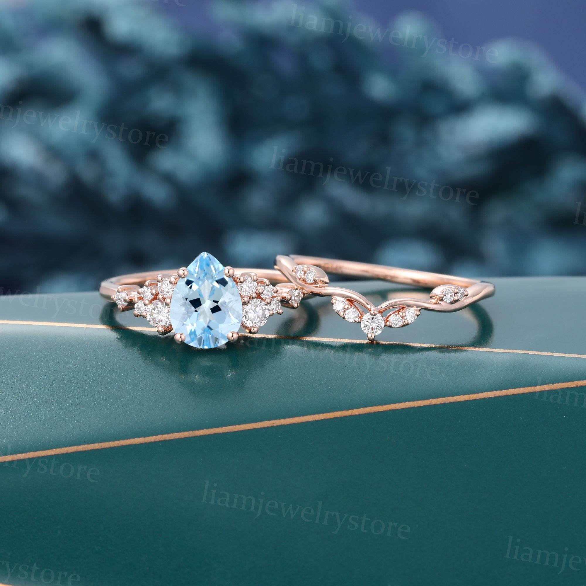 Pear Shaped Aquamarine Engagement Ring Set Unique Rose Gold